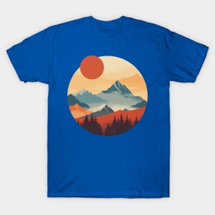 Foggy Sunrise Red sun Flat Style Layered Nature Spirit T-Shirt